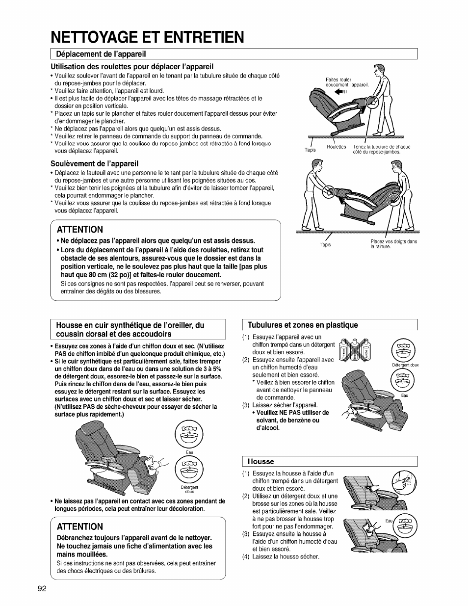 Déplacement de l’appareil, Utilisation des roulettes pour déplacer l’appareil, Soulèvement de l’appareii | Attention, Tubulures et zones en plastique, Housse, Nettoyage et entretien | Panasonic EP3203 User Manual | Page 94 / 98