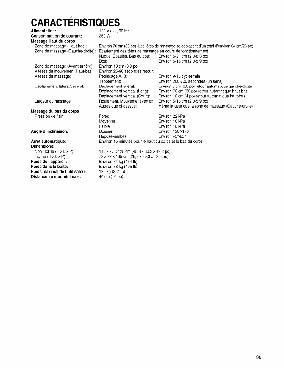 Massage du bas du corps, Angle d’inclinaison, Arrêt automatique: dimensions | Caracteristiques | Panasonic EP3203 User Manual | Page 97 / 98
