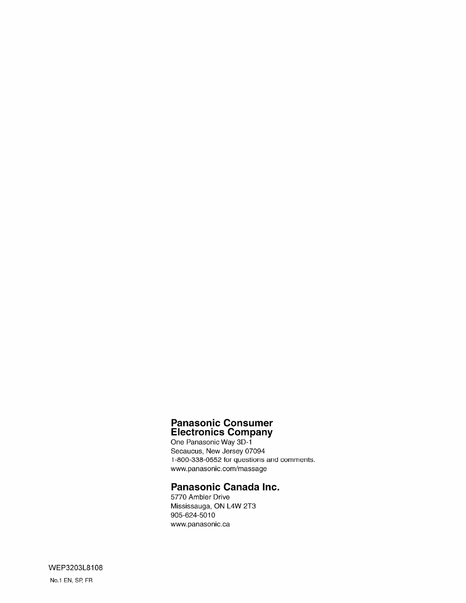 Panasonic consumer electronics company, Panasonic canada inc | Panasonic EP3203 User Manual | Page 98 / 98