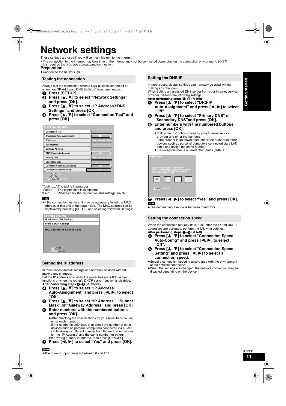 Network settings | Panasonic DMP-BD35 User Manual | Page 11 / 40