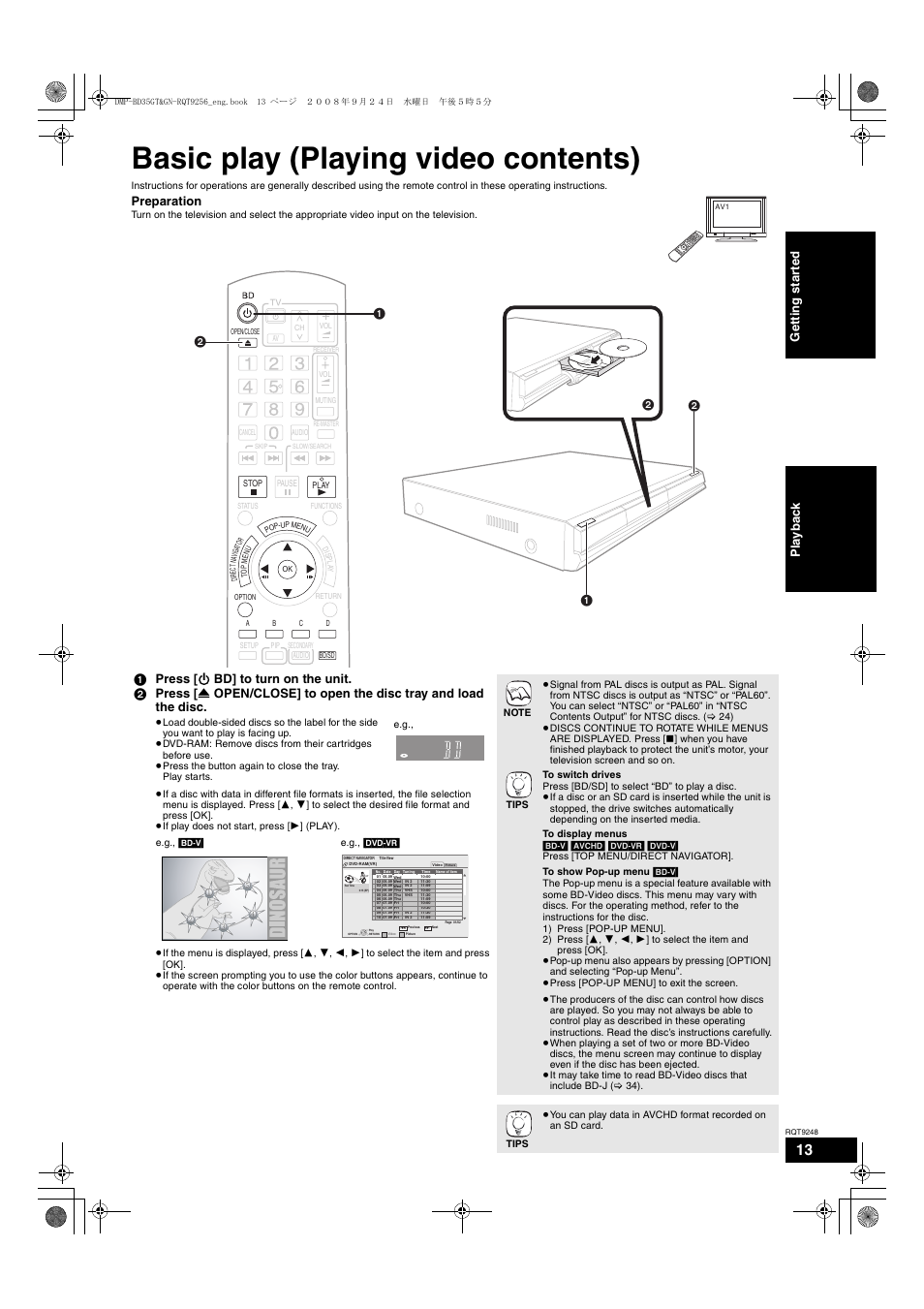 Basic play (playing video contents), Preparation, Play b a ck ge tti ng s ta rte d | Panasonic DMP-BD35 User Manual | Page 13 / 40