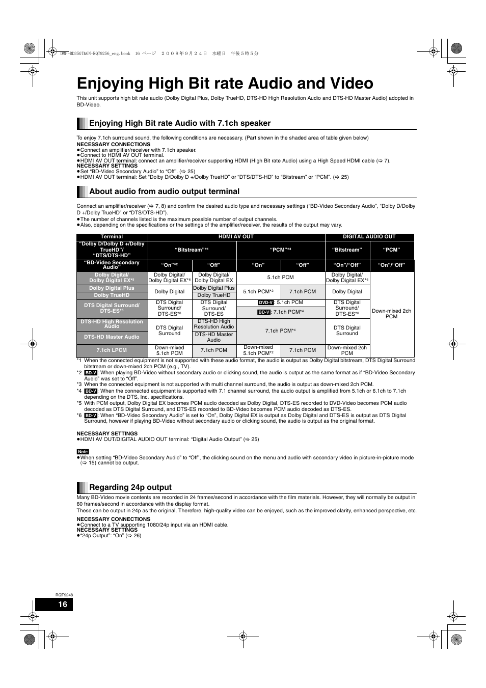 Enjoying high bit rate audio and video, Regarding 24p output | Panasonic DMP-BD35 User Manual | Page 16 / 40