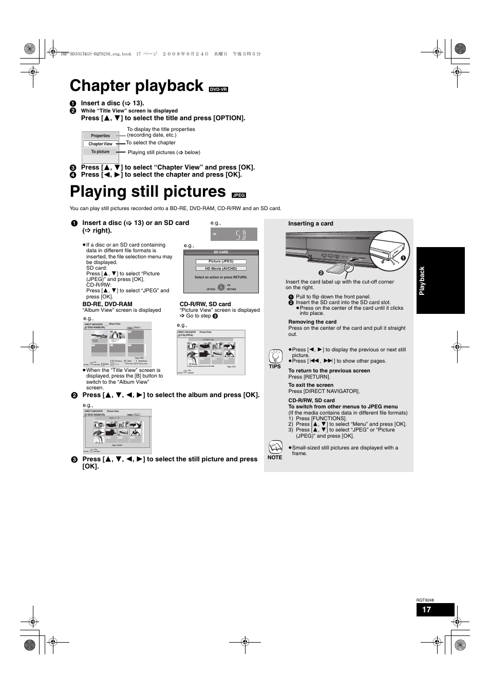 Chapter playback, Playing still pictures, 1 insert a disc ( > 13). 2 | 1 insert a disc ( > 13) or an sd card ( b right), Play b a ck | Panasonic DMP-BD35 User Manual | Page 17 / 40