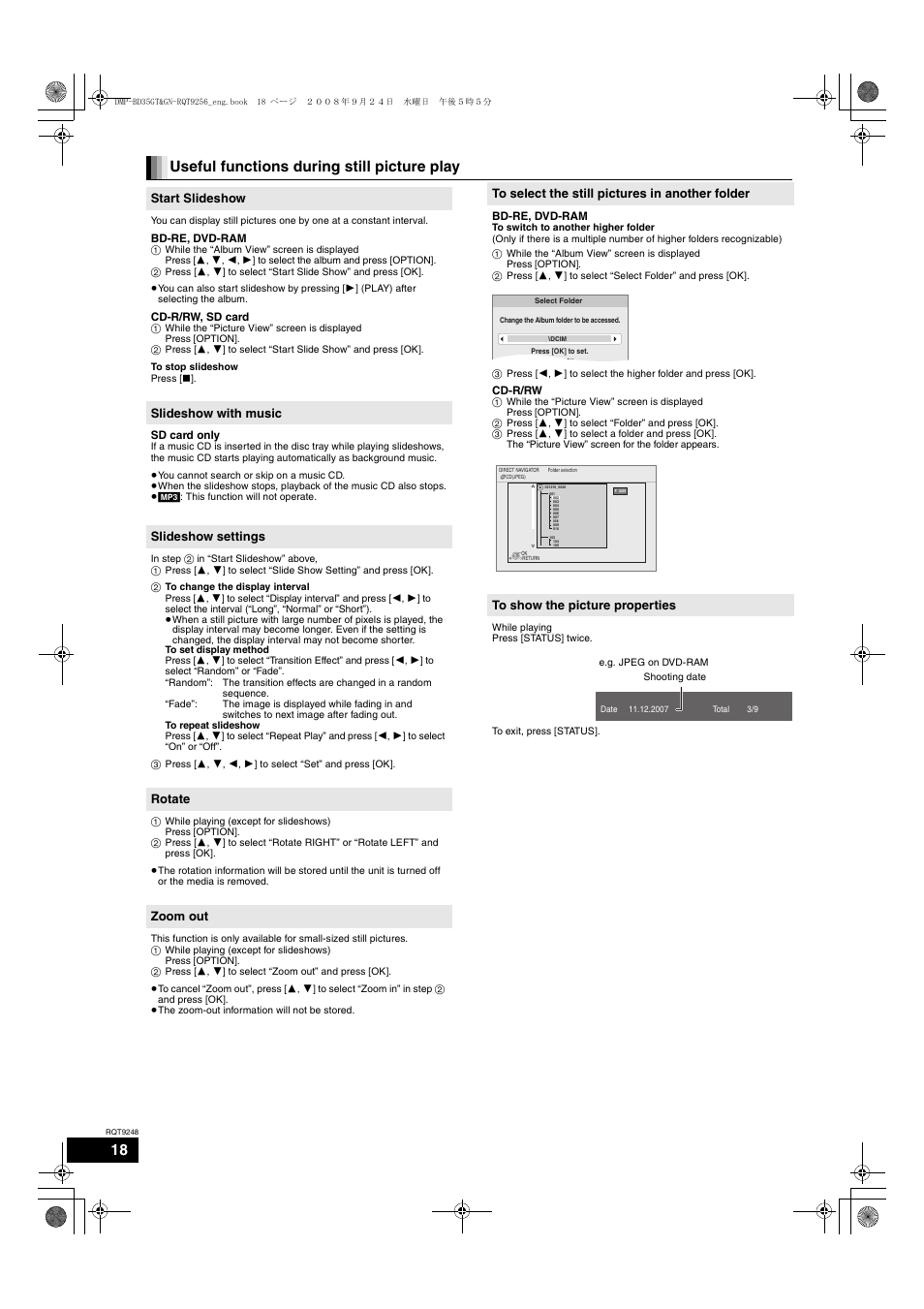 Useful functions during still picture play, Start slideshow, Slideshow with music | Slideshow settings, Rotate, Zoom out | Panasonic DMP-BD35 User Manual | Page 18 / 40