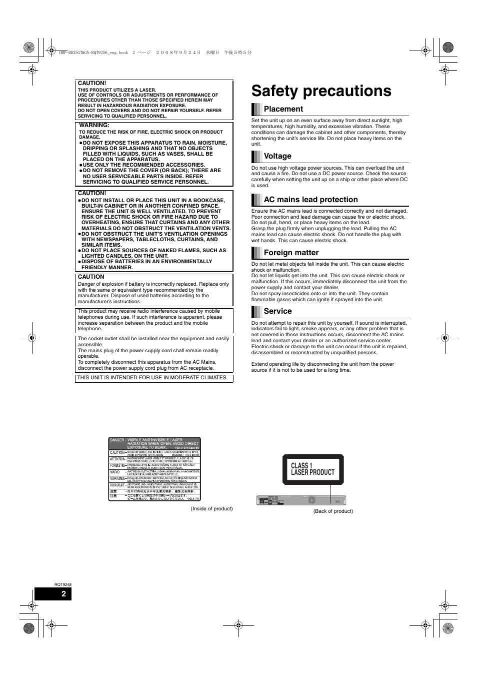 Safety precautions | Panasonic DMP-BD35 User Manual | Page 2 / 40