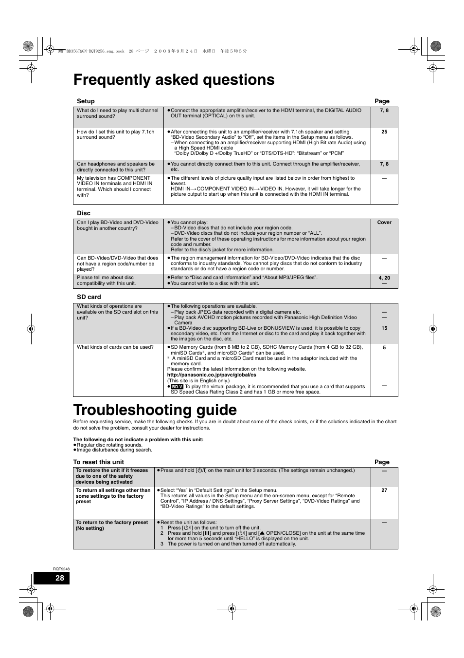 Frequently asked questions troubleshooting guide | Panasonic DMP-BD35 User Manual | Page 28 / 40