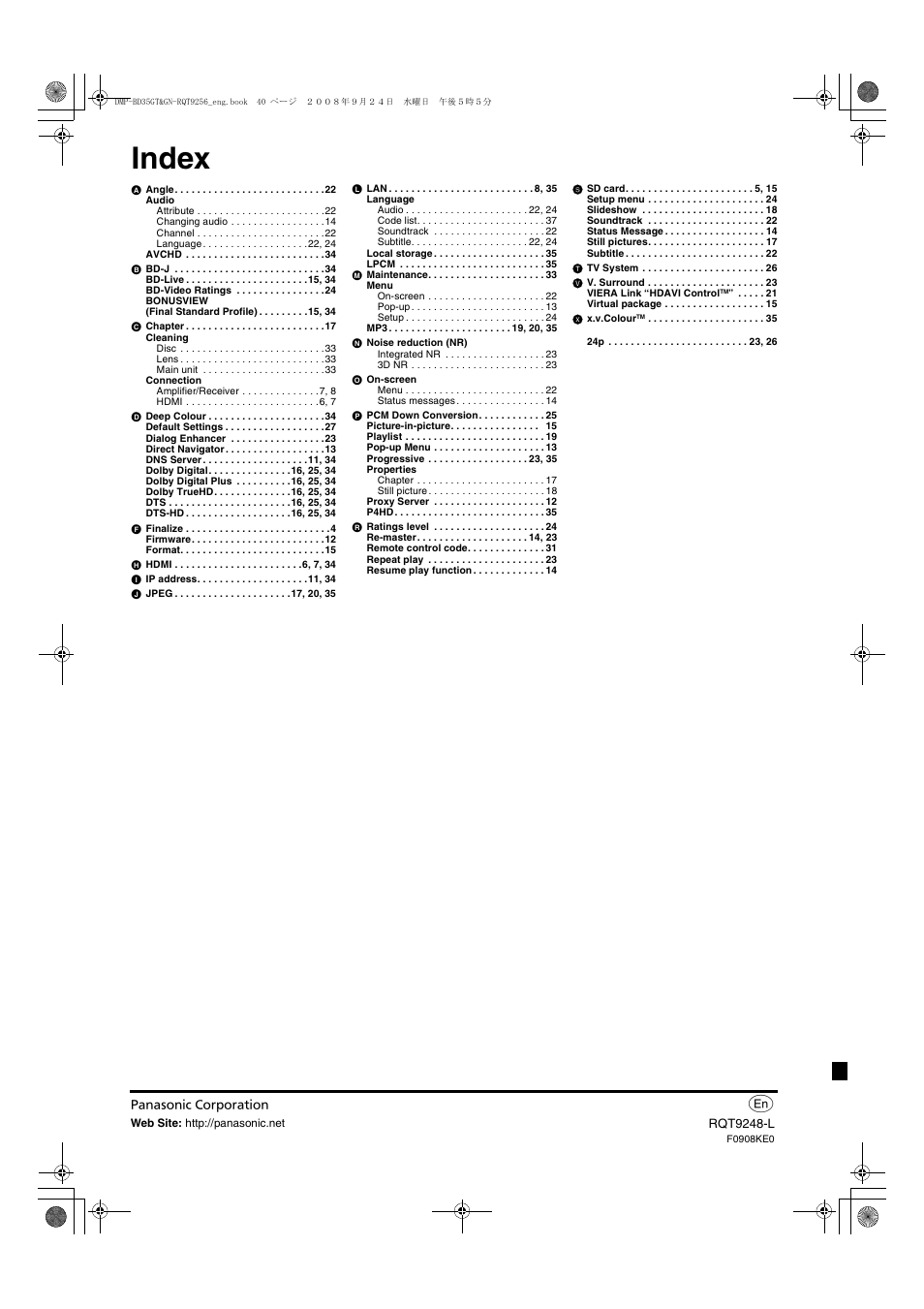 Index | Panasonic DMP-BD35 User Manual | Page 40 / 40