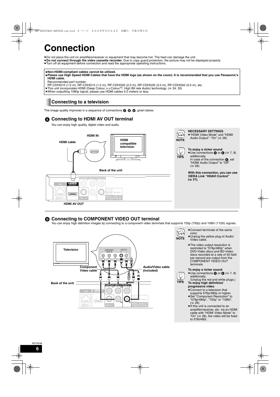 Connection, B connecting to component video out terminal | Panasonic DMP-BD35 User Manual | Page 6 / 40