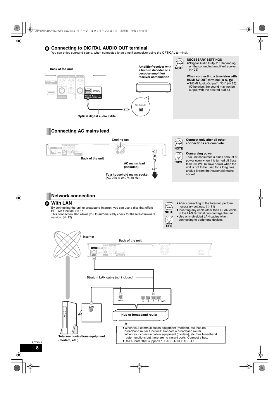 E connecting to digital audio out terminal, Connecting ac mains lead, Network connection f with lan | Panasonic DMP-BD35 User Manual | Page 8 / 40
