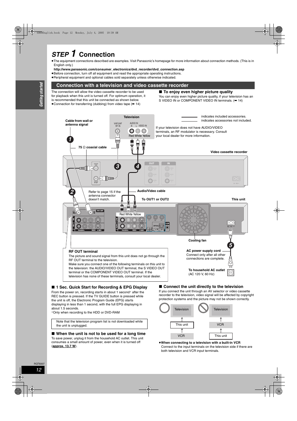 Step, Connection, Ge ttin g st a rte d | 1 sec. quick start for recording & epg display, When the unit is not to be used for a long time, Connect the unit directly to the television, Rf out terminal | Panasonic DMR-EH60  EN User Manual | Page 12 / 72