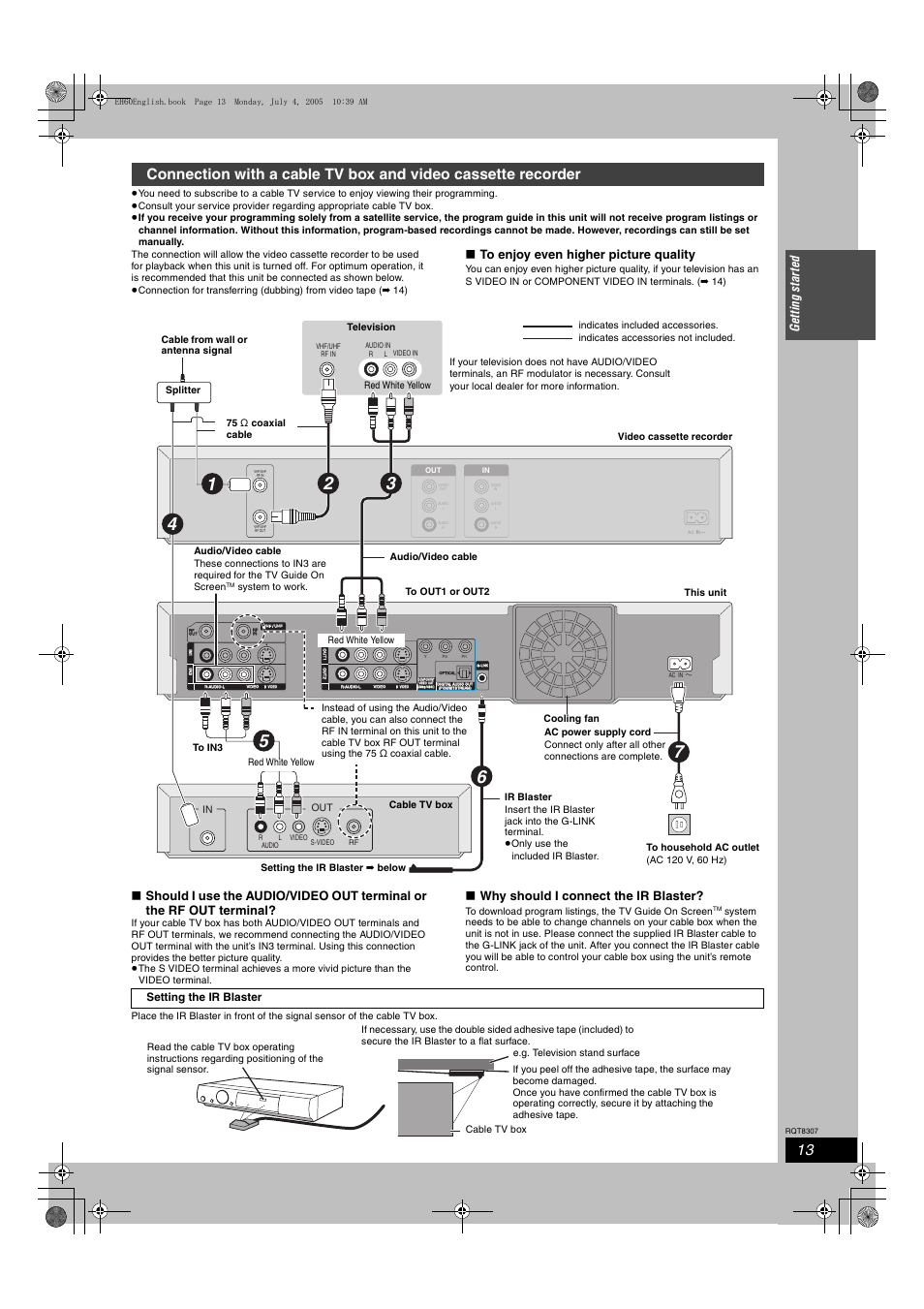 Ge ttin g st a rte d, Why should i connect the ir blaster, Setting the ir blaster | Panasonic DMR-EH60  EN User Manual | Page 13 / 72