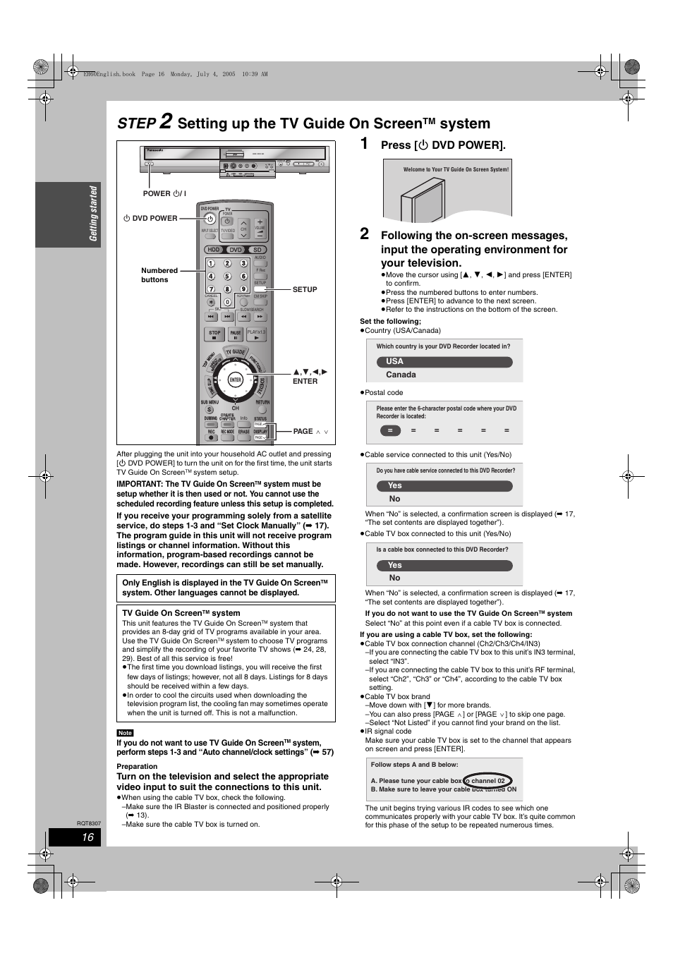 Step, Setting up the tv guide on screen, System | Press [ í dvd power, Open/close, X1.3, Ge ttin g st a rte d | Panasonic DMR-EH60  EN User Manual | Page 16 / 72