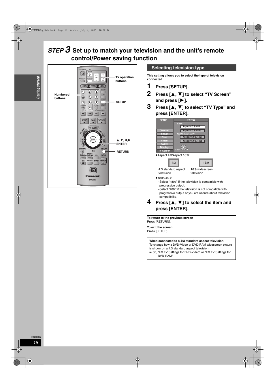 Step, Press [setup, Selecting television type | Ge ttin g st a rte d | Panasonic DMR-EH60  EN User Manual | Page 18 / 72