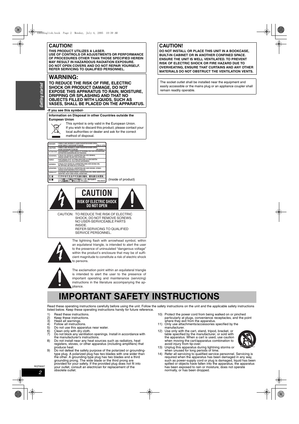 Important safety instructions, Warning, Caution | Ge ttin g st a rte d, Risk of electric shock do not open | Panasonic DMR-EH60  EN User Manual | Page 2 / 72