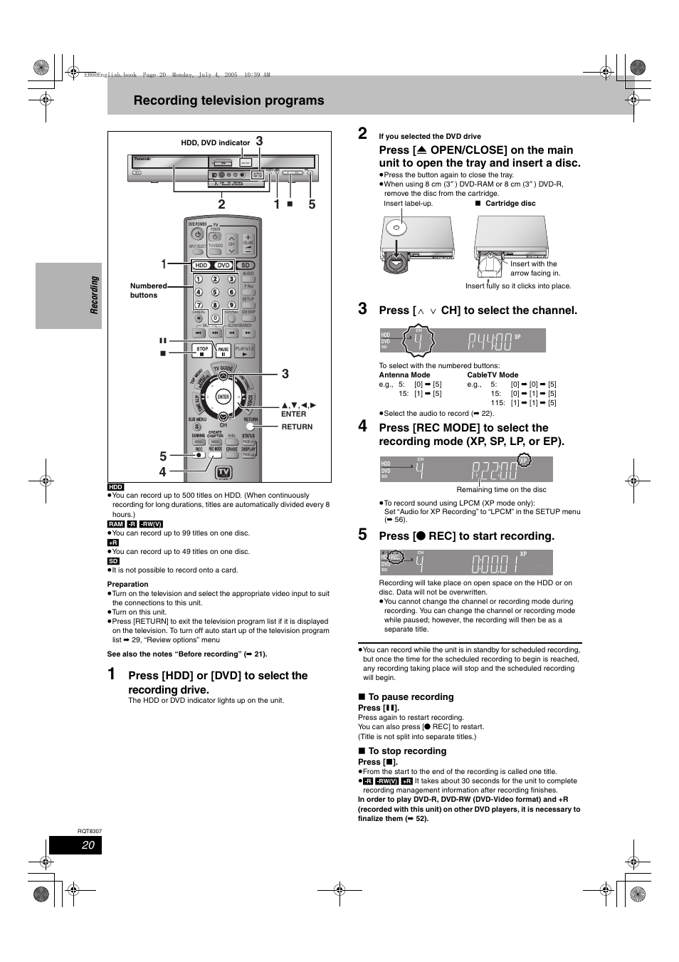 Recording television programs, Press [hdd] or [dvd] to select the recording drive, Press [ w x ch] to select the channel | Press [ ¥ rec] to start recording, Open/close, X1.3, Reco rdin g | Panasonic DMR-EH60  EN User Manual | Page 20 / 72