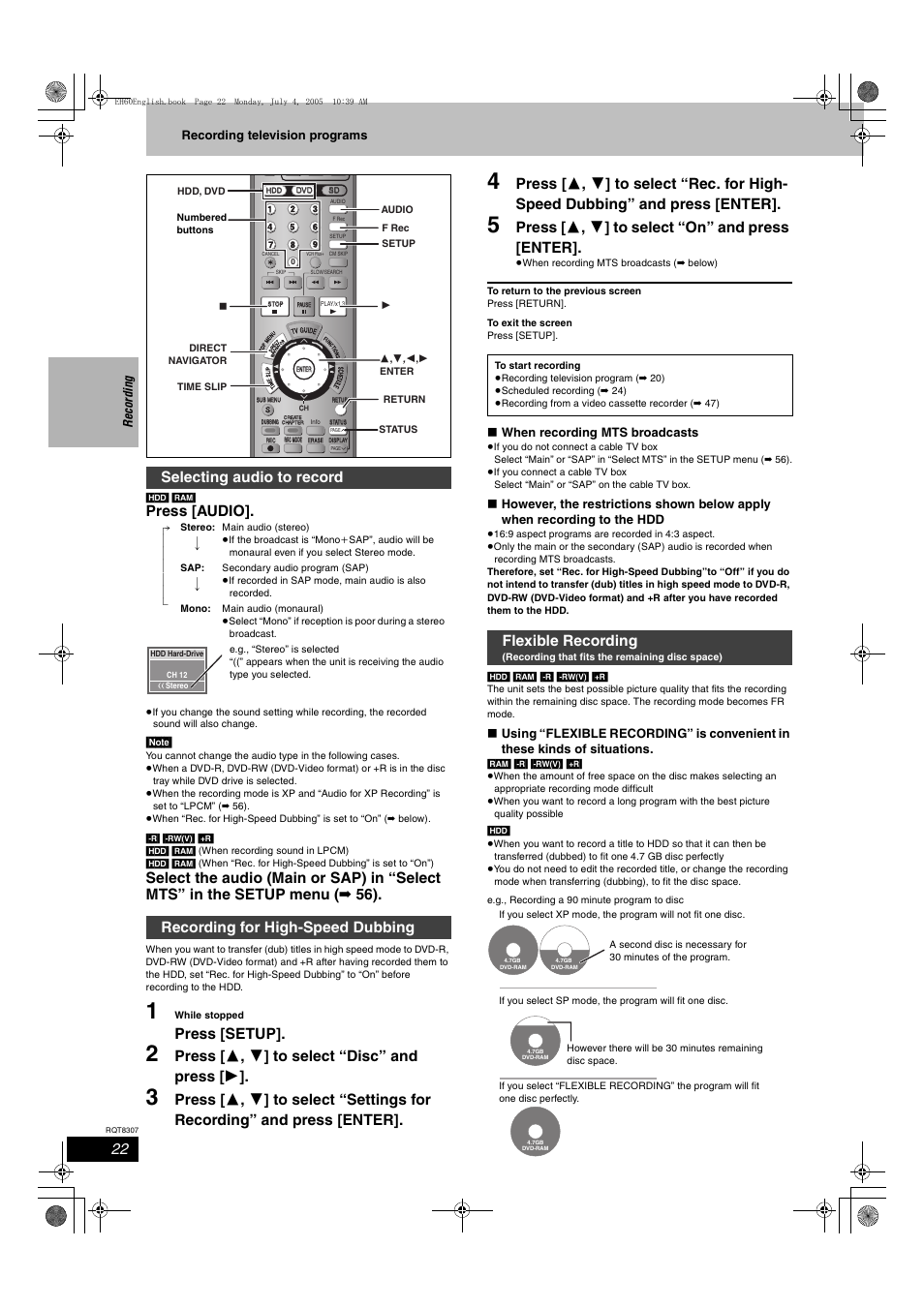 Press [audio, Press [setup, Press [ 3 , 4 ] to select “disc” and press [ 1 | Press [ 3 , 4 ] to select “on” and press [enter, Selecting audio to record, Recording for high-speed dubbing, Flexible recording, Reco rdin g recording television programs, When recording mts broadcasts | Panasonic DMR-EH60  EN User Manual | Page 22 / 72