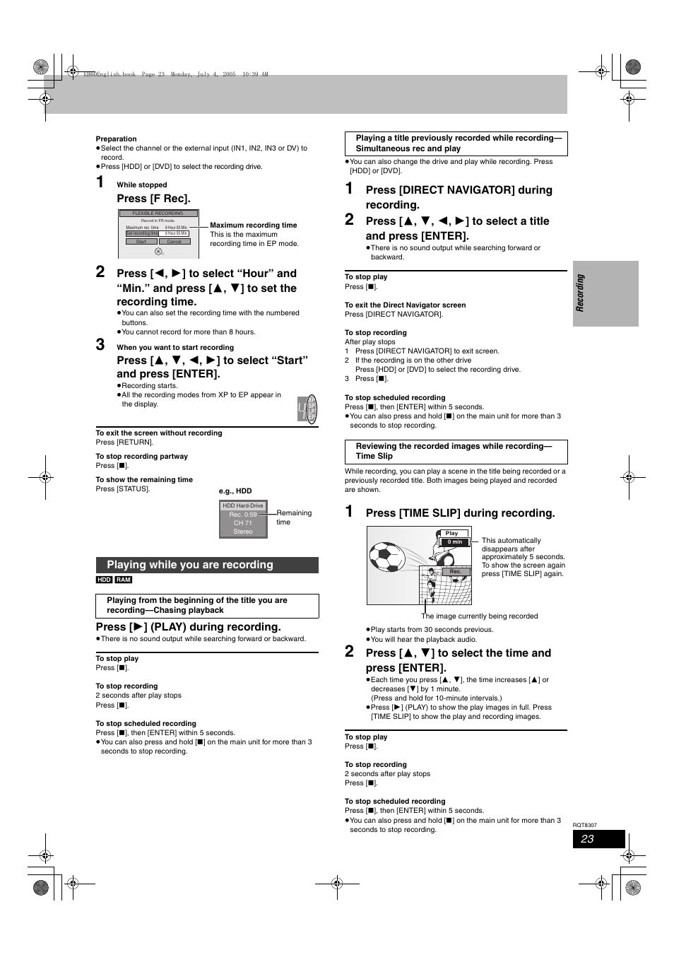 Press [f rec, Press [ 1 ] (play) during recording, Press [direct navigator] during recording | Press [time slip] during recording, Playing while you are recording | Panasonic DMR-EH60  EN User Manual | Page 23 / 72