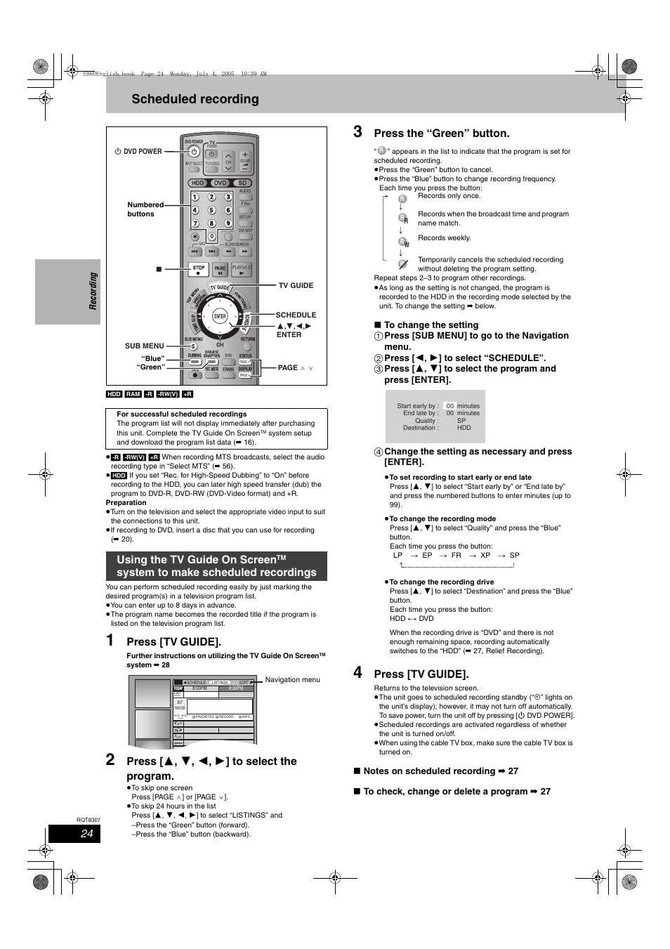 Scheduled recording, Press [tv guide, Press [ 3 , 4 , 2 , 1 ] to select the program | Press the “green” button, Using the tv guide on screen, System to make scheduled recordings, Reco rdin g | Panasonic DMR-EH60  EN User Manual | Page 24 / 72