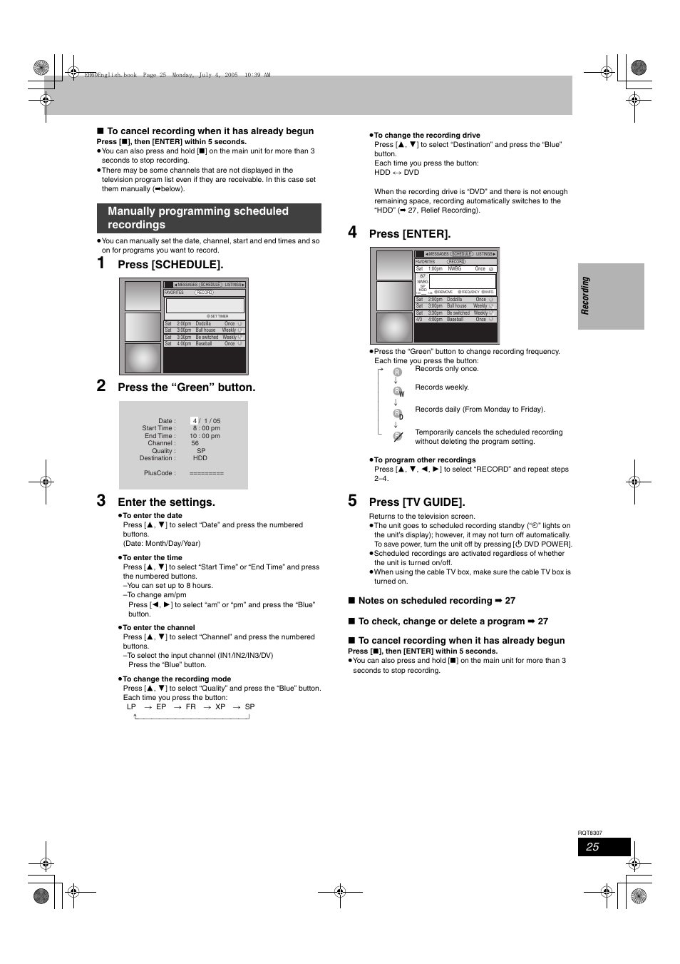 Press [schedule, Press the “green” button, Enter the settings | Press [enter, Press [tv guide, Manually programming scheduled recordings | Panasonic DMR-EH60  EN User Manual | Page 25 / 72