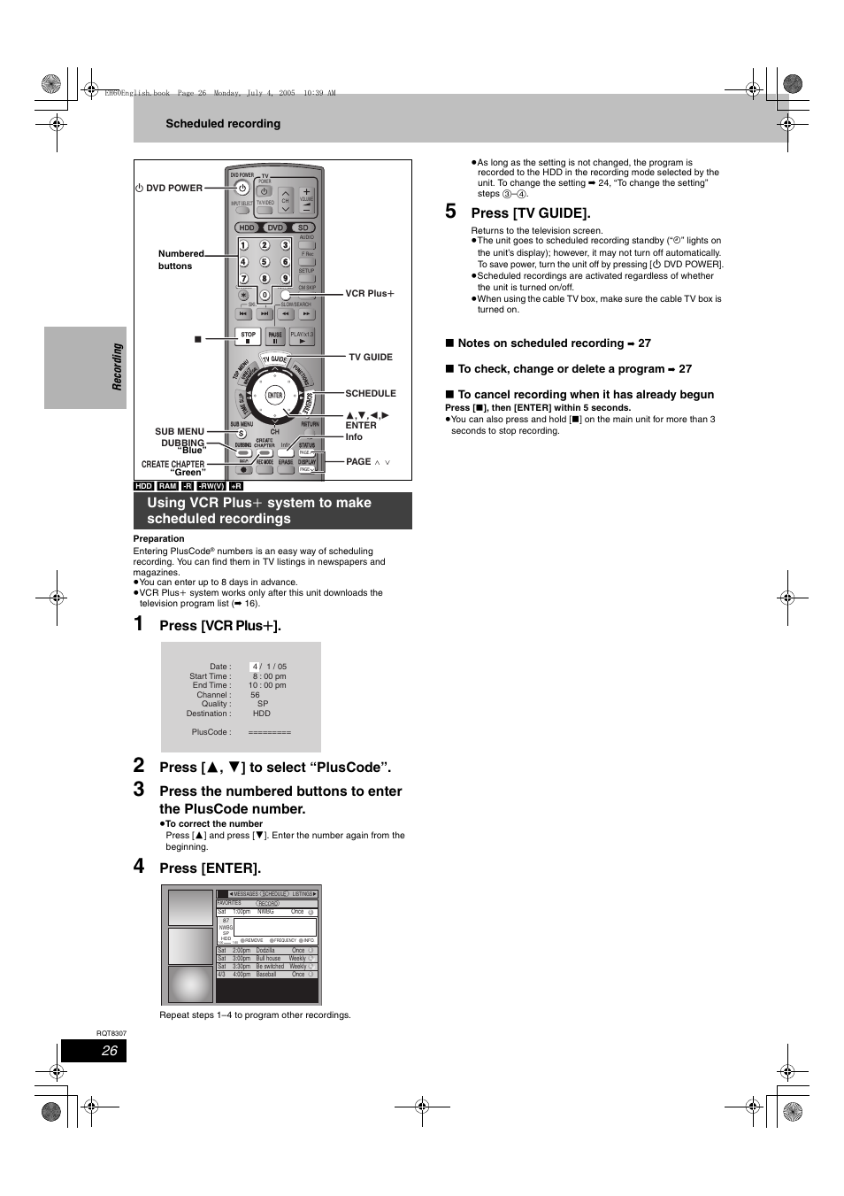 Press [vcr plus r, Press [ 3 , 4 ] to select “pluscode, Press [enter | Press [tv guide, Reco rdin g scheduled recording, 27 ∫ to check, change or delete a program, 27 ∫ to cancel recording when it has already begun | Panasonic DMR-EH60  EN User Manual | Page 26 / 72