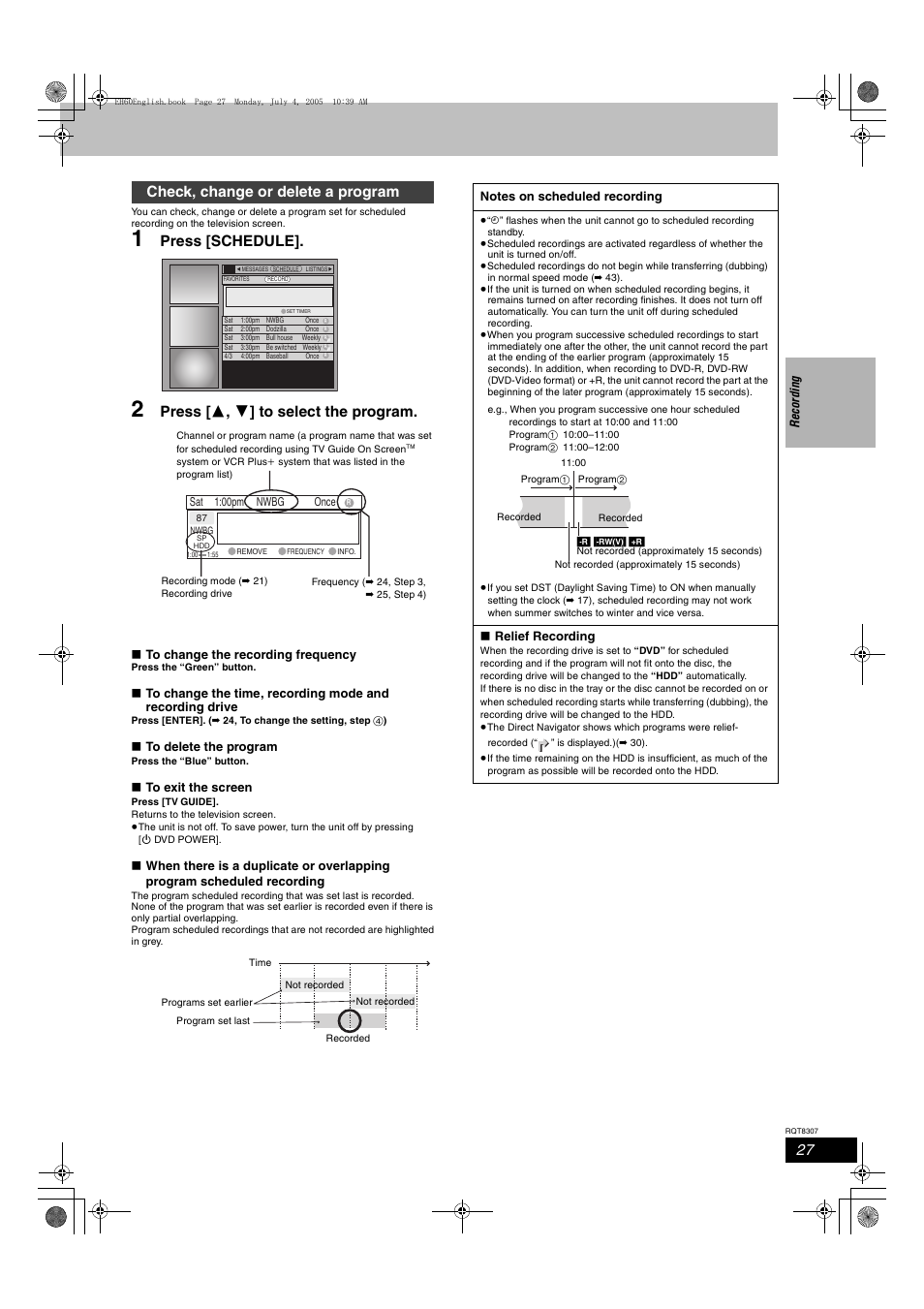 Press [schedule, Press [ 3 , 4 ] to select the program, Check, change or delete a program | Panasonic DMR-EH60  EN User Manual | Page 27 / 72