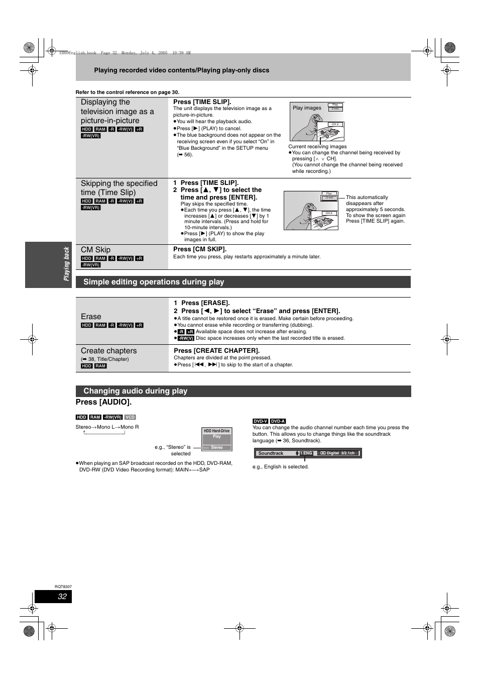 Press [audio, Skipping the specified time (time slip), Cm skip | Simple editing operations during play erase, Create chapters, Changing audio during play | Panasonic DMR-EH60  EN User Manual | Page 32 / 72