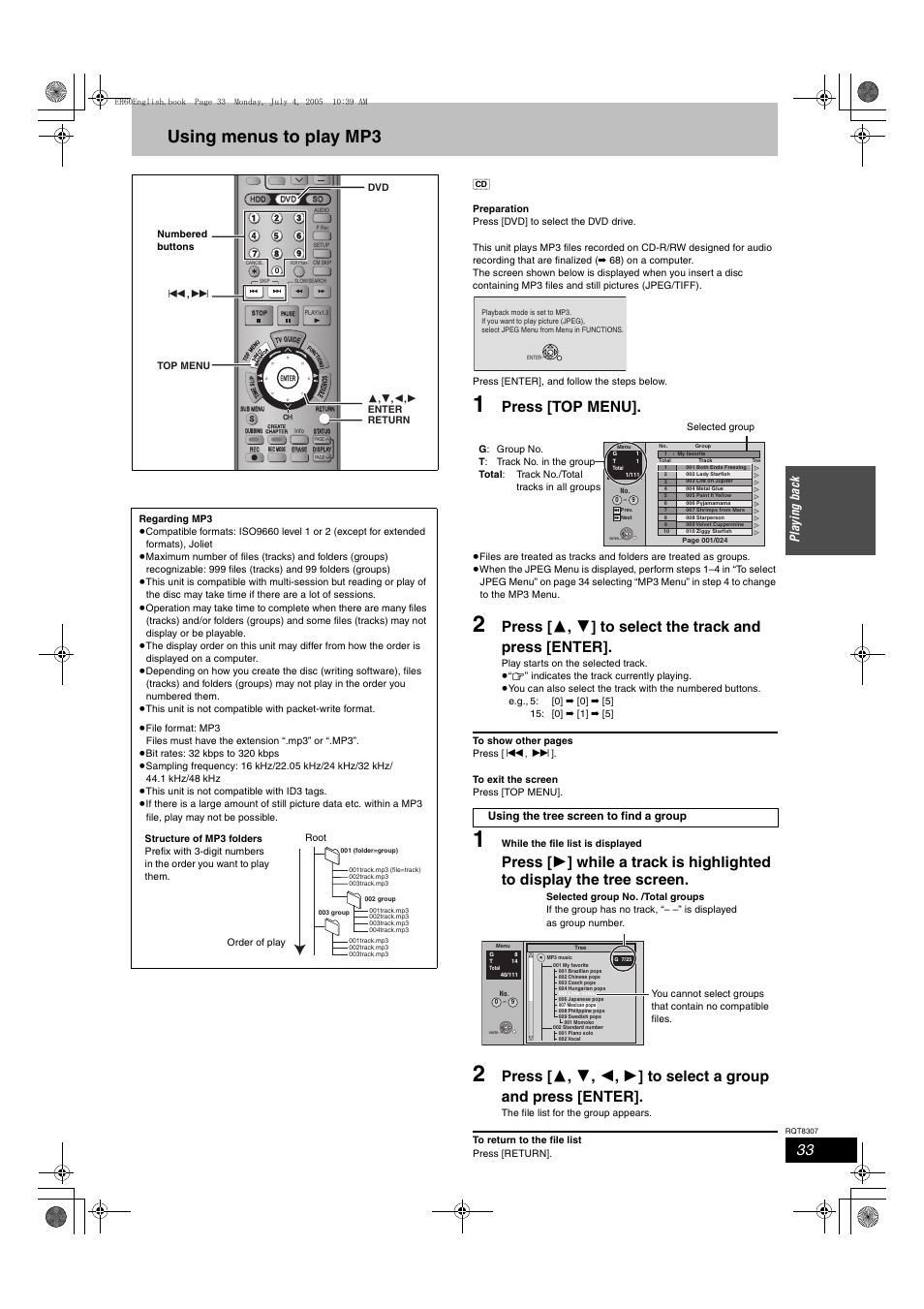 Using menus to play mp3, Press [top menu, Playi n g ba ck | Panasonic DMR-EH60  EN User Manual | Page 33 / 72