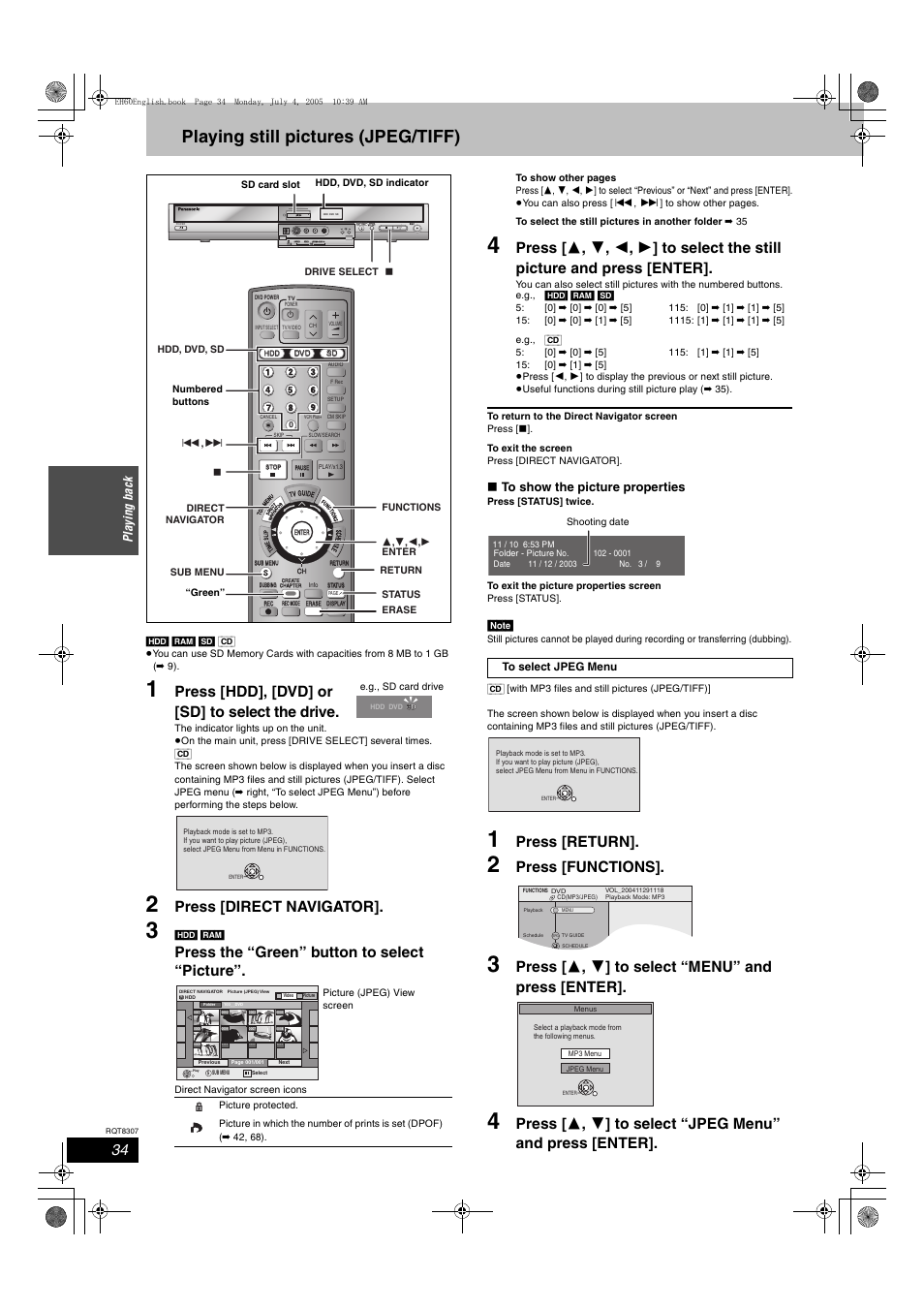 Playing still pictures (jpeg/tiff), Press [hdd], [dvd] or [sd] to select the drive, Press [direct navigator | Press the “green” button to select “picture, Press [return, Press [functions, Press [ 3 , 4 ] to select “menu” and press [enter, Open/close, X1.3, Playi n g ba ck | Panasonic DMR-EH60  EN User Manual | Page 34 / 72