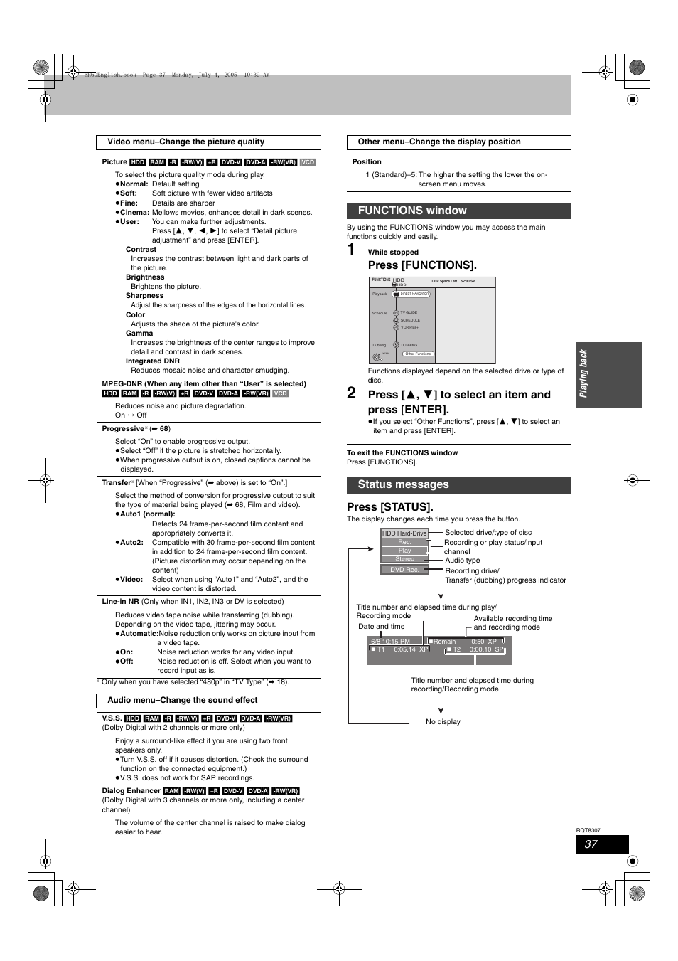 Press [functions, Press [ 3 , 4 ] to select an item and press [enter, Press [status | Functions window status messages | Panasonic DMR-EH60  EN User Manual | Page 37 / 72