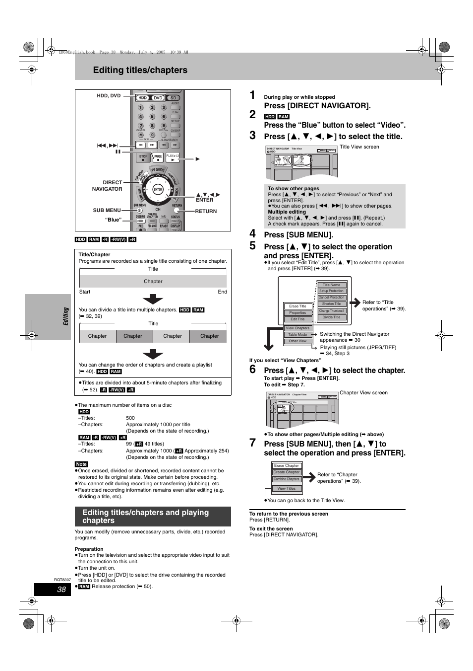 Editing titles/chapters, Press [direct navigator, Press the “blue” button to select “video | Press [ 3 , 4 , 2 , 1 ] to select the title, Press [sub menu, Press [ 3 , 4 , 2 , 1 ] to select the chapter, Editing titles/chapters and playing chapters, Ed itin g | Panasonic DMR-EH60  EN User Manual | Page 38 / 72