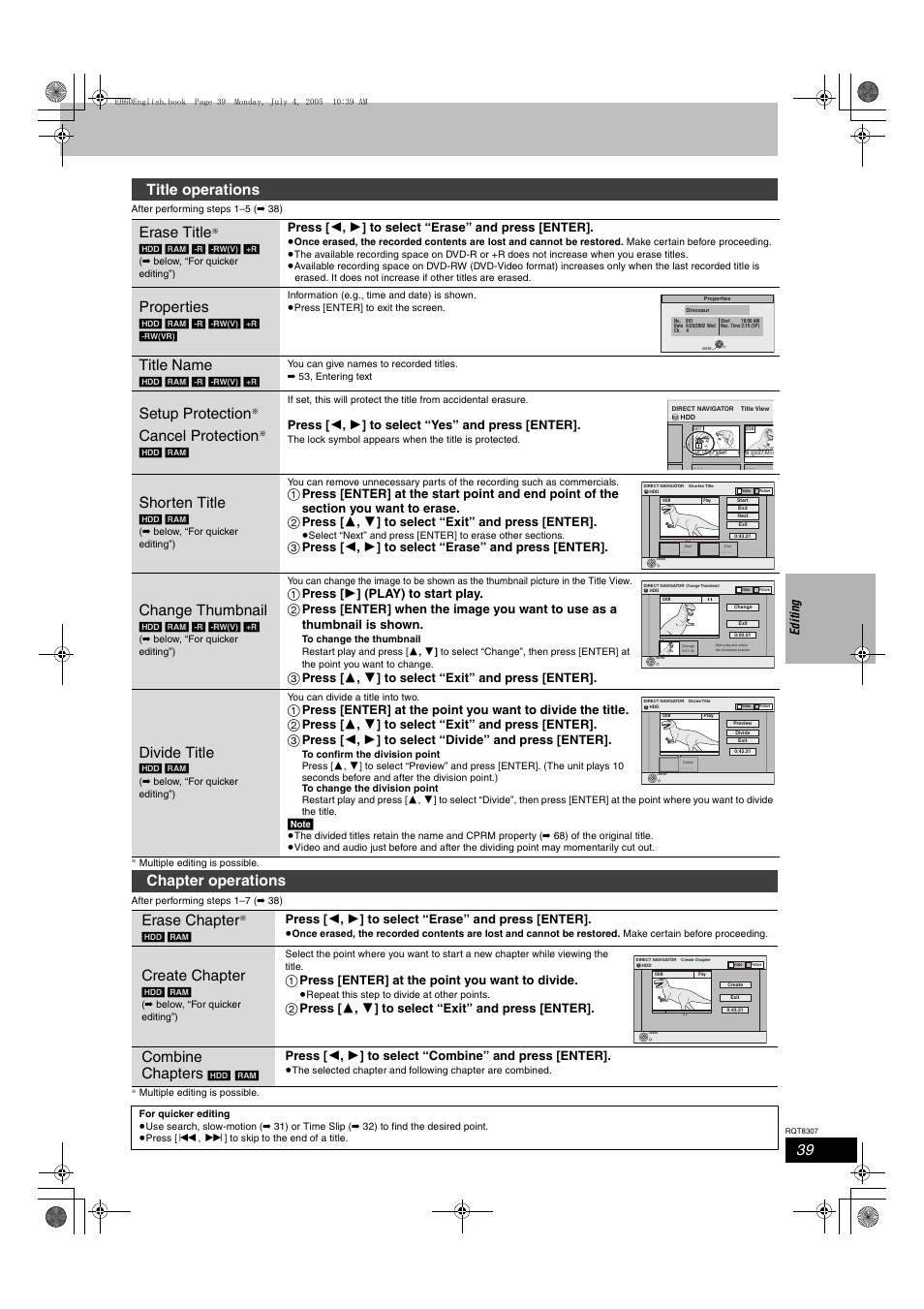 Title operations erase title, Properties, Title name | Setup protection, Cancel protection, Shorten title, Change thumbnail, Divide title, Chapter operations erase chapter, Create chapter | Panasonic DMR-EH60  EN User Manual | Page 39 / 72