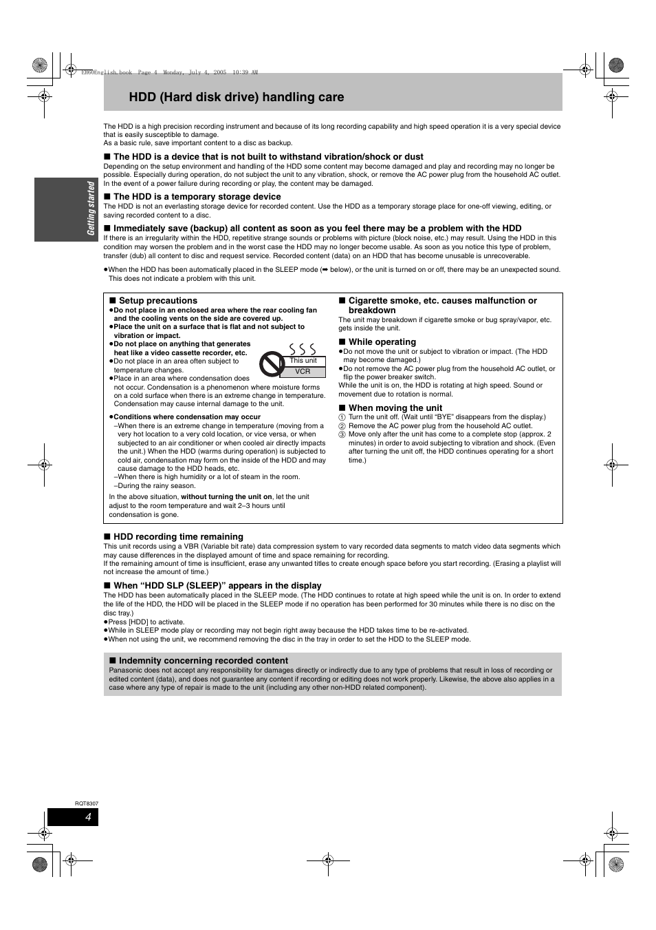 Hdd (hard disk drive) handling care | Panasonic DMR-EH60  EN User Manual | Page 4 / 72