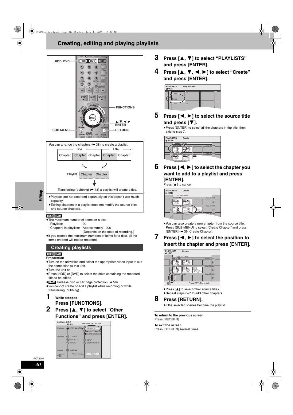 Creating, editing and playing playlists, Press [functions, Press [return | Creating playlists, Ed itin g | Panasonic DMR-EH60  EN User Manual | Page 40 / 72