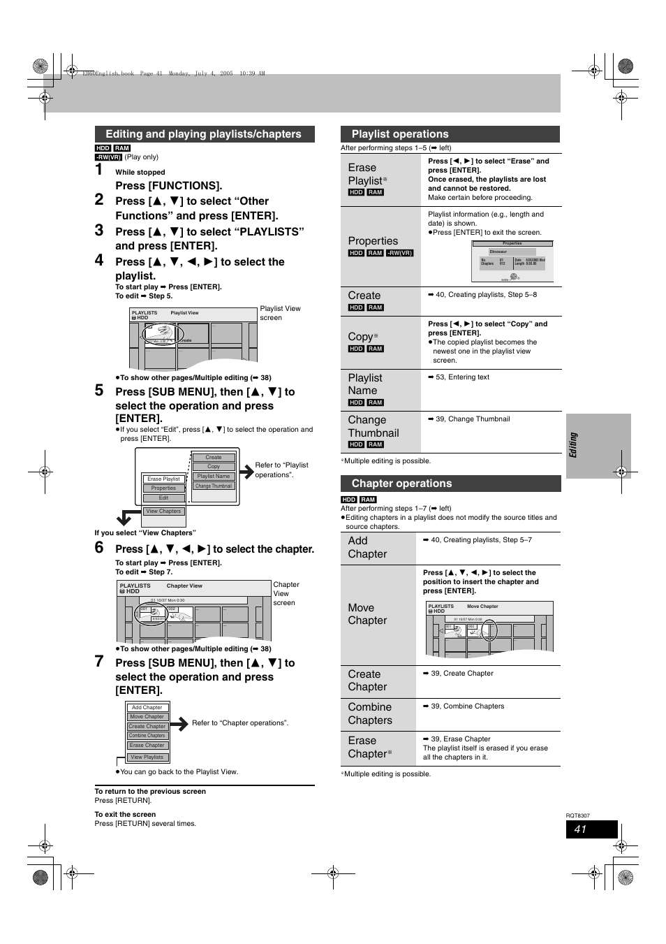 Press [functions, Press [ 3 , 4 , 2 , 1 ] to select the playlist, Press [ 3 , 4 , 2 , 1 ] to select the chapter | Editing and playing playlists/chapters, Playlist operations erase playlist, Properties, Create, Copy, Playlist name, Change thumbnail | Panasonic DMR-EH60  EN User Manual | Page 41 / 72