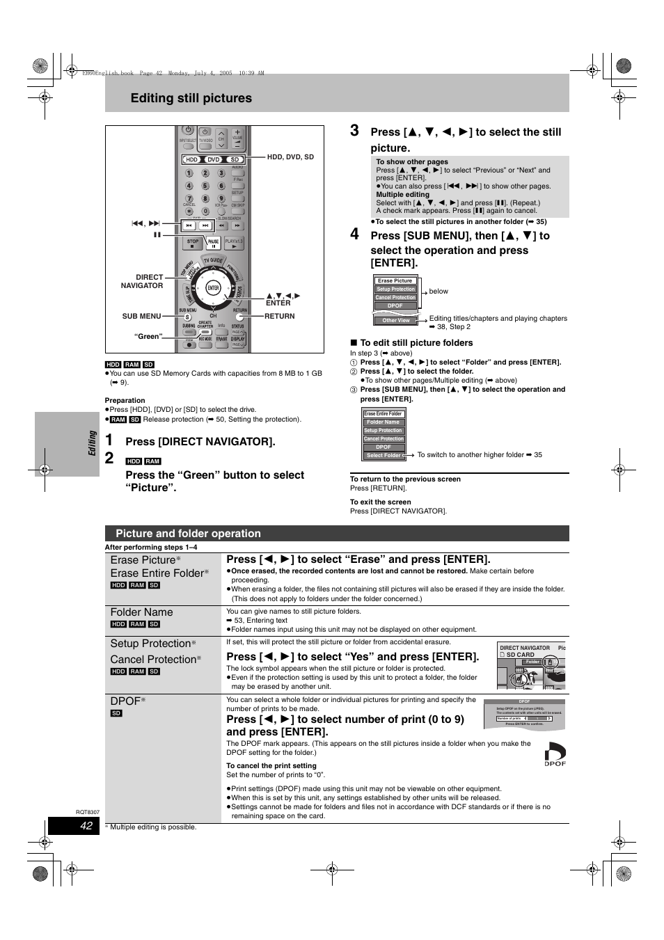 Editing still pictures, Press [direct navigator, Press the “green” button to select “picture | Picture and folder operation erase picture, Erase entire folder, Press [ 2 , 1 ] to select “erase” and press [enter, Folder name, Setup protection, Cancel protection, Press [ 2 , 1 ] to select “yes” and press [enter | Panasonic DMR-EH60  EN User Manual | Page 42 / 72