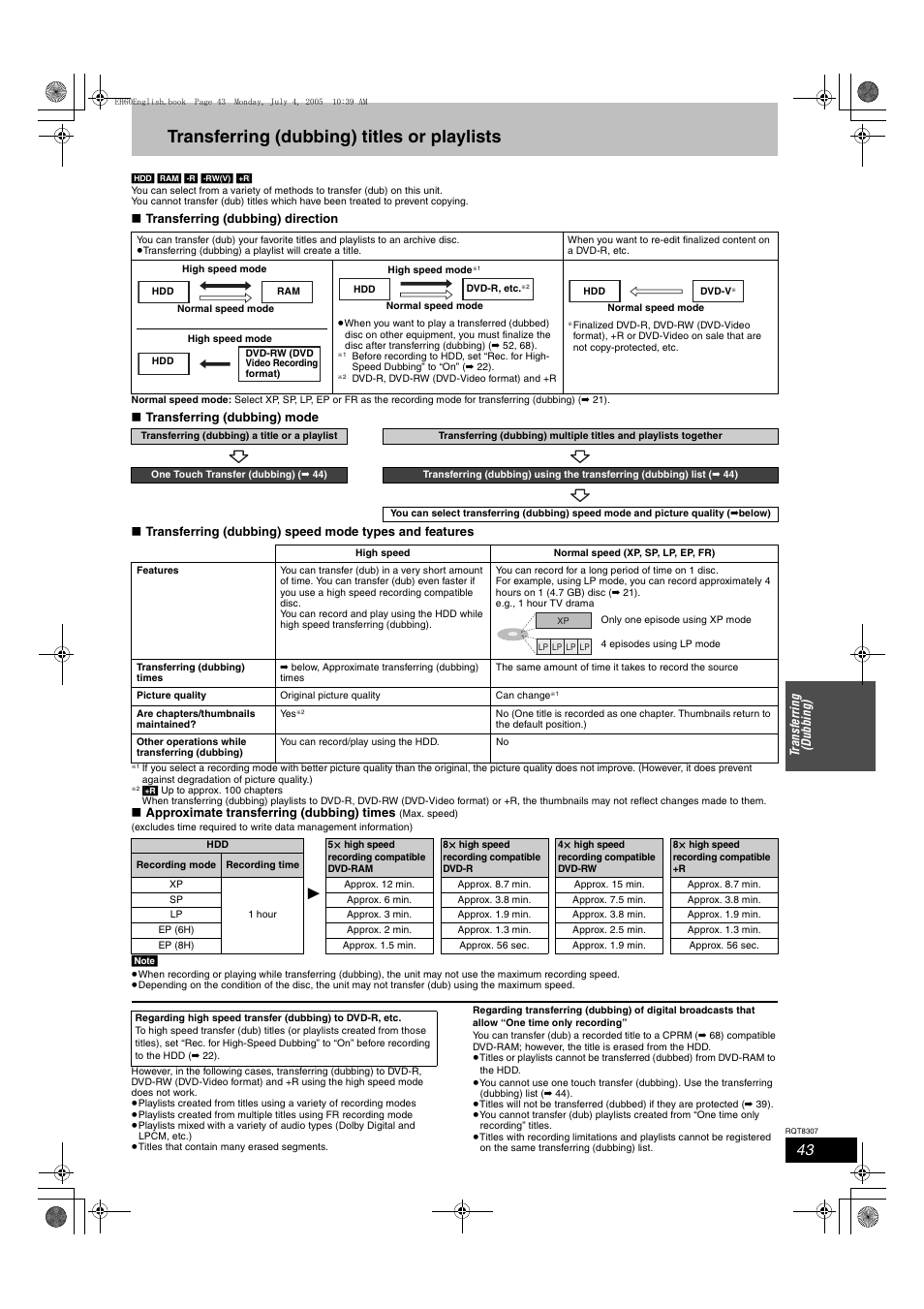 Transferring (dubbing) titles or playlists | Panasonic DMR-EH60  EN User Manual | Page 43 / 72