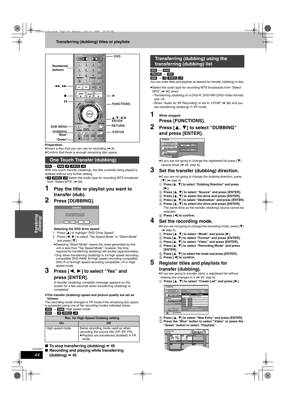 Press [dubbing, Press [ 2 , 1 ] to select “yes” and press [enter, Press [functions | Set the transfer (dubbing) direction, Set the recording mode, One touch transfer (dubbing) | Panasonic DMR-EH60  EN User Manual | Page 44 / 72