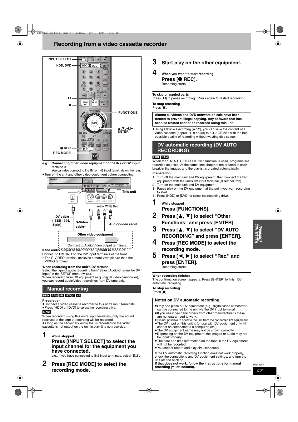 Recording from a video cassette recorder, Press [rec mode] to select the recording mode, Start play on the other equipment | Press [ ¥ rec, Press [functions, Press [ 2 , 1 ] to select “rec.” and press [enter, Manual recording, Dv automatic recording (dv auto recording), Open/close, X1.3 | Panasonic DMR-EH60  EN User Manual | Page 47 / 72