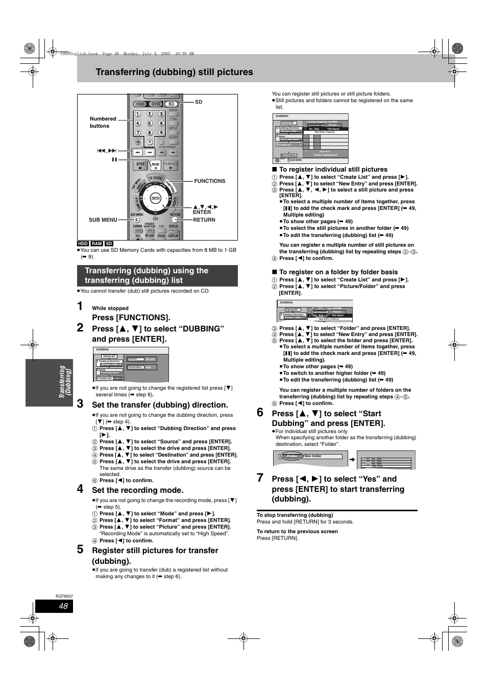 Transferring (dubbing) still pictures, Press [functions, Set the transfer (dubbing) direction | Set the recording mode, Register still pictures for transfer (dubbing), Tr a n sf er ri ng (d ubb ing) | Panasonic DMR-EH60  EN User Manual | Page 48 / 72