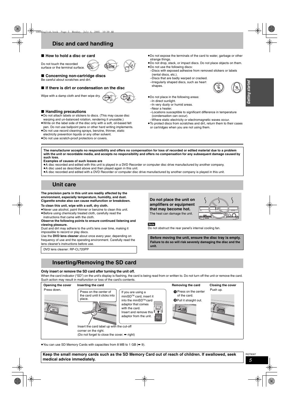 Disc and card handling, Unit care, Inserting/removing the sd card | Panasonic DMR-EH60  EN User Manual | Page 5 / 72