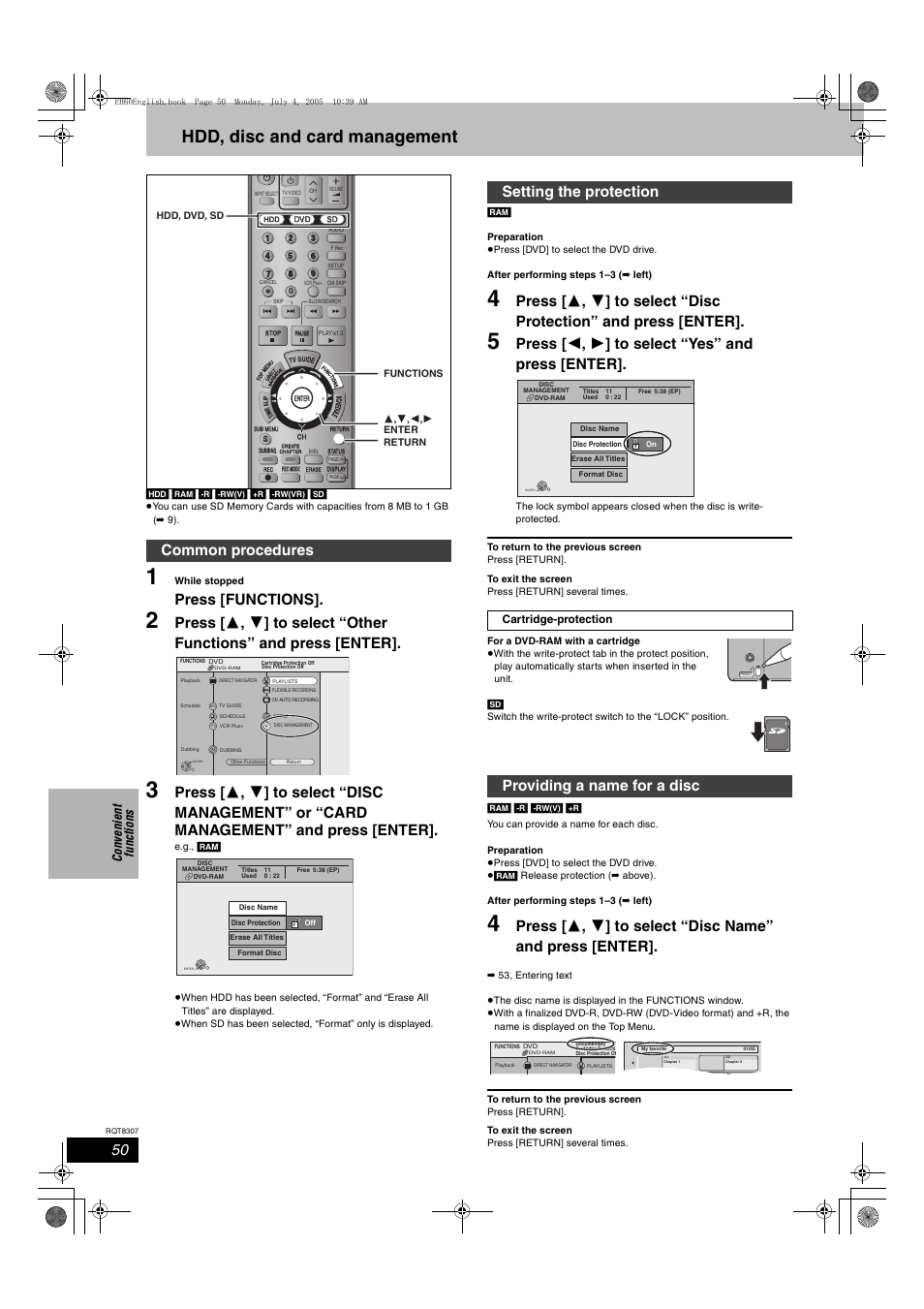 Hdd, disc and card management, Press [functions, Press [ 2 , 1 ] to select “yes” and press [enter | Common procedures, Setting the protection, Providing a name for a disc, Lock, Co n ven ie nt fu n cti o n s | Panasonic DMR-EH60  EN User Manual | Page 50 / 72