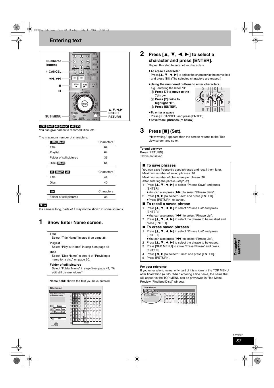 Entering text, Show enter name screen, Press [ ∫ ] (set) | Co n ven ie nt fu n cti o n s | Panasonic DMR-EH60  EN User Manual | Page 53 / 72