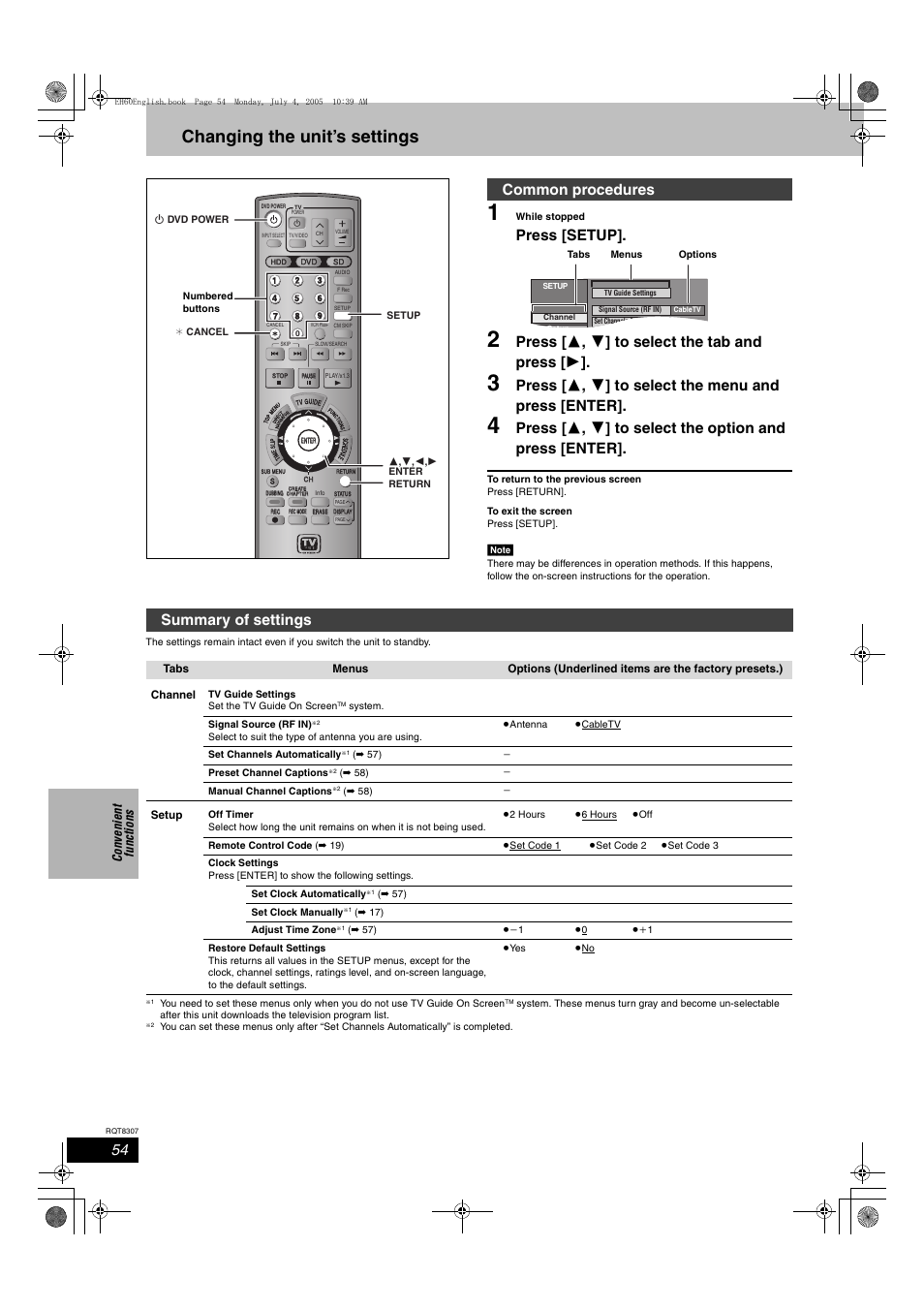 Changing the unit’s settings, Press [setup, Press [ 3 , 4 ] to select the tab and press [ 1 | Common procedures, Summary of settings, Co n ven ie nt fu n cti o n s | Panasonic DMR-EH60  EN User Manual | Page 54 / 72