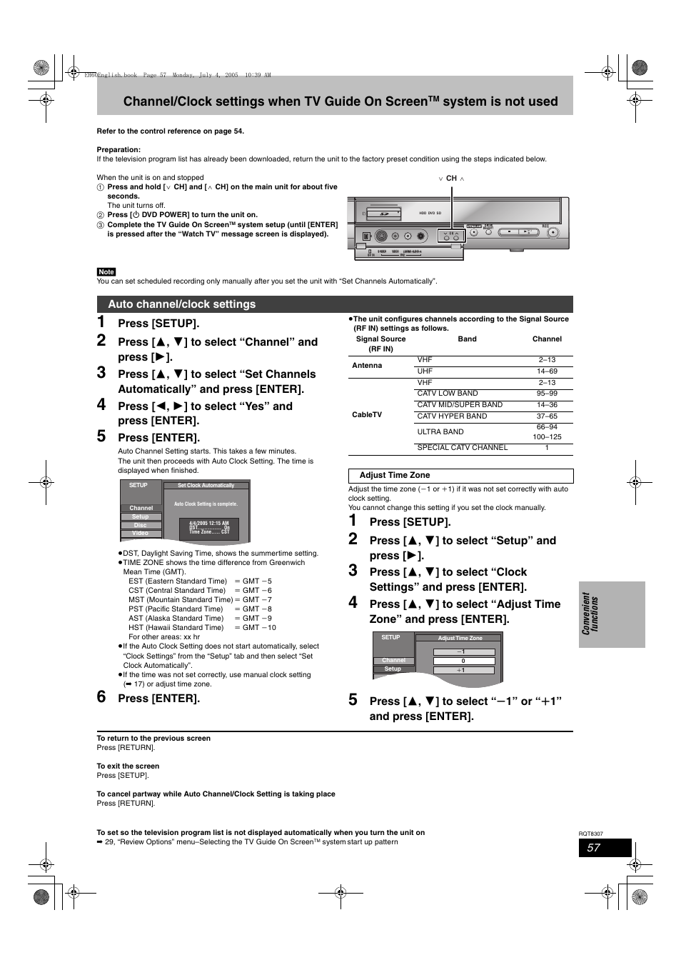 Channel/clock settings when tv guide on screen, System is not used, Press [setup | Press [ 3 , 4 ] to select “channel” and press [ 1, Press [ 2 , 1 ] to select “yes” and press [enter, Press [enter, Press [ 3 , 4 ] to select “setup” and press [ 1, Auto channel/clock settings | Panasonic DMR-EH60  EN User Manual | Page 57 / 72