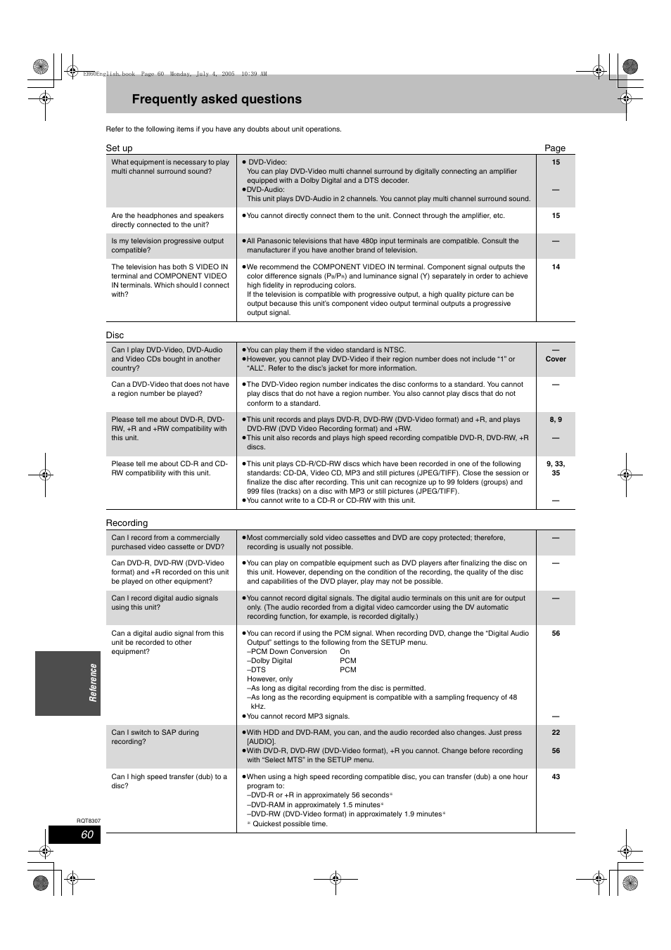 Frequently asked questions | Panasonic DMR-EH60  EN User Manual | Page 60 / 72