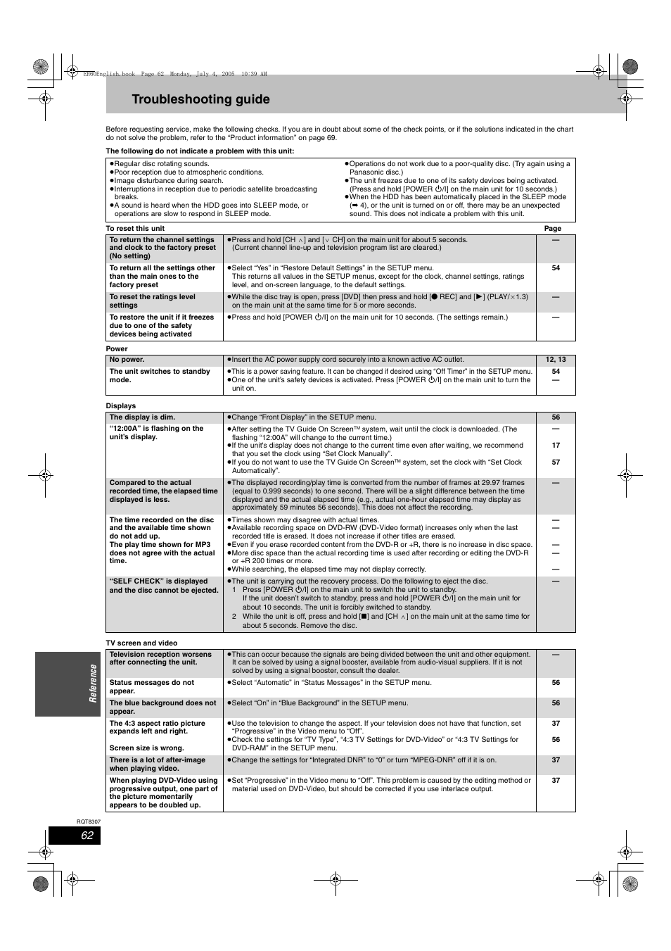 Troubleshooting guide | Panasonic DMR-EH60  EN User Manual | Page 62 / 72