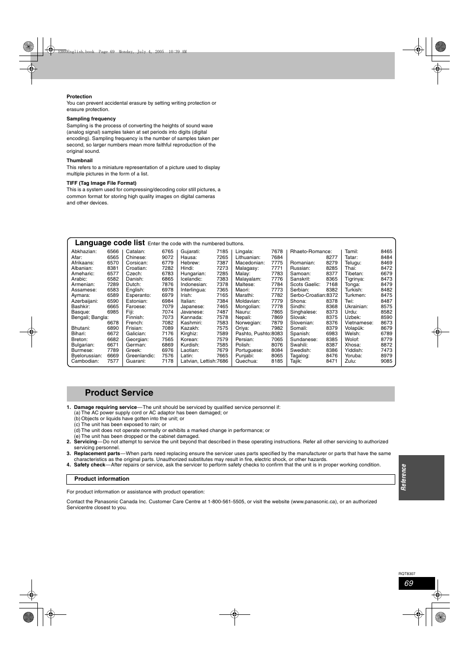 Product service, Language code list | Panasonic DMR-EH60  EN User Manual | Page 69 / 72