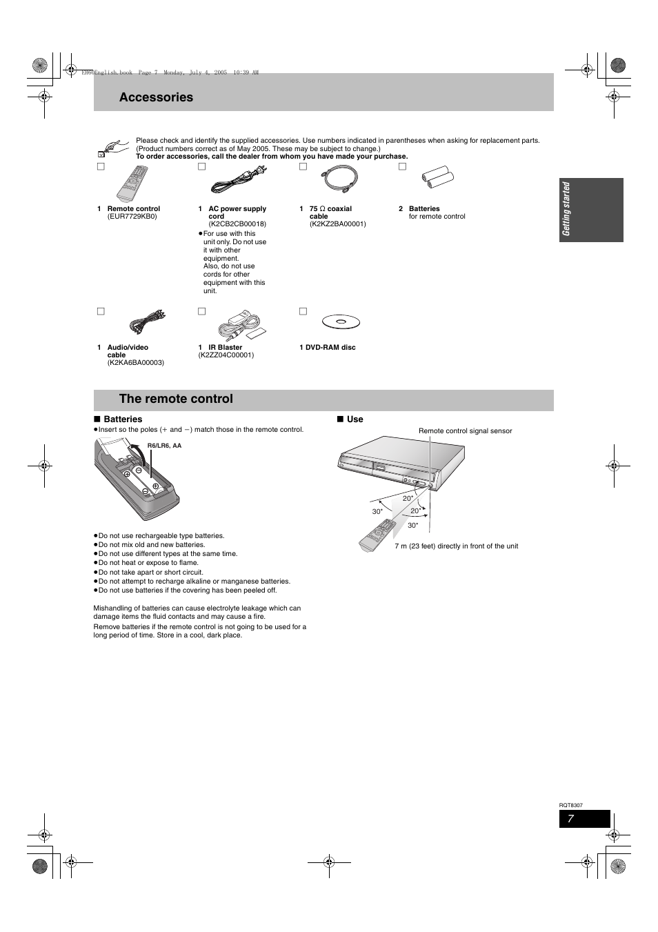 Accessories, The remote control | Panasonic DMR-EH60  EN User Manual | Page 7 / 72