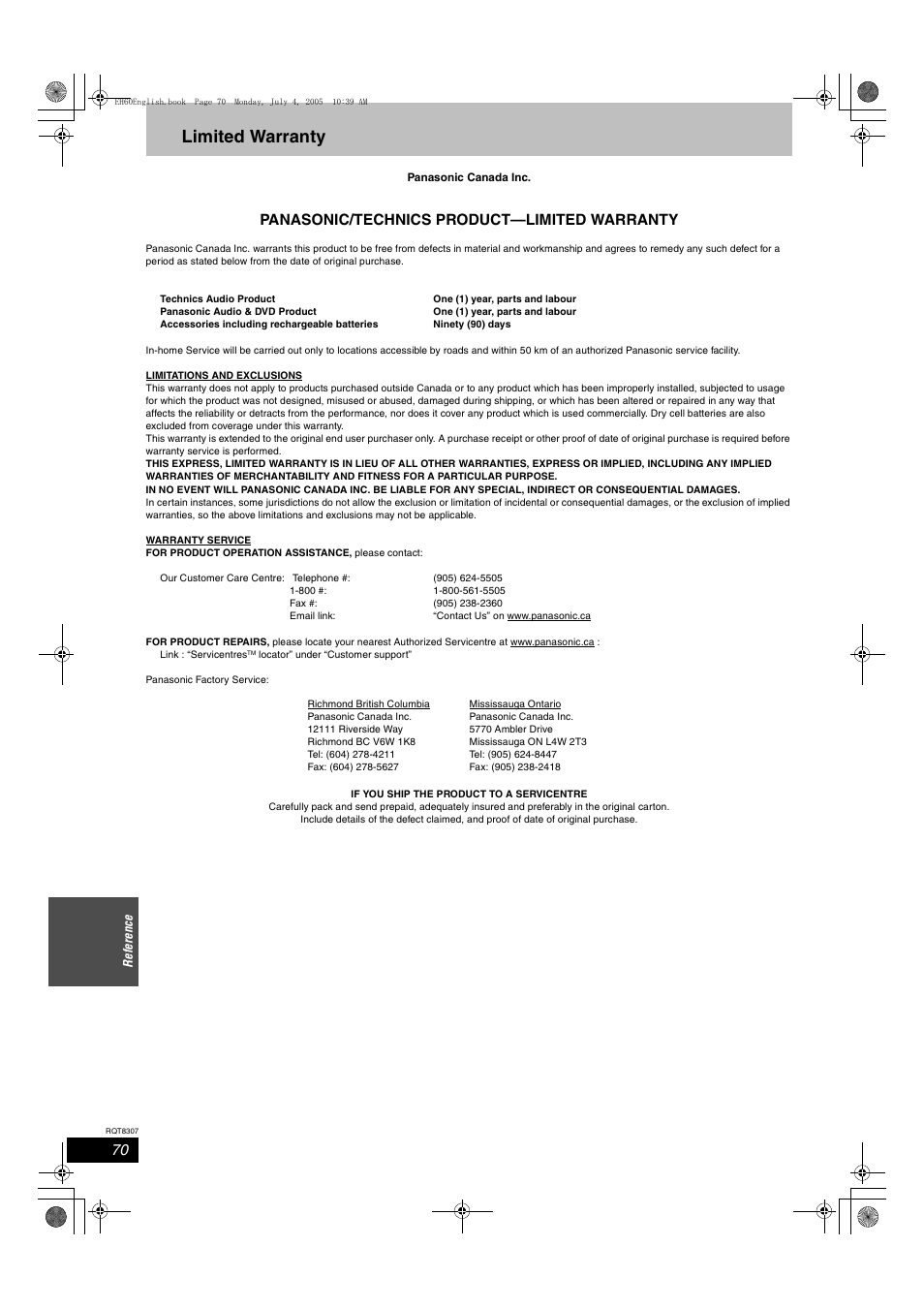 Limited warranty, Panasonic/technics product—limited warranty | Panasonic DMR-EH60  EN User Manual | Page 70 / 72