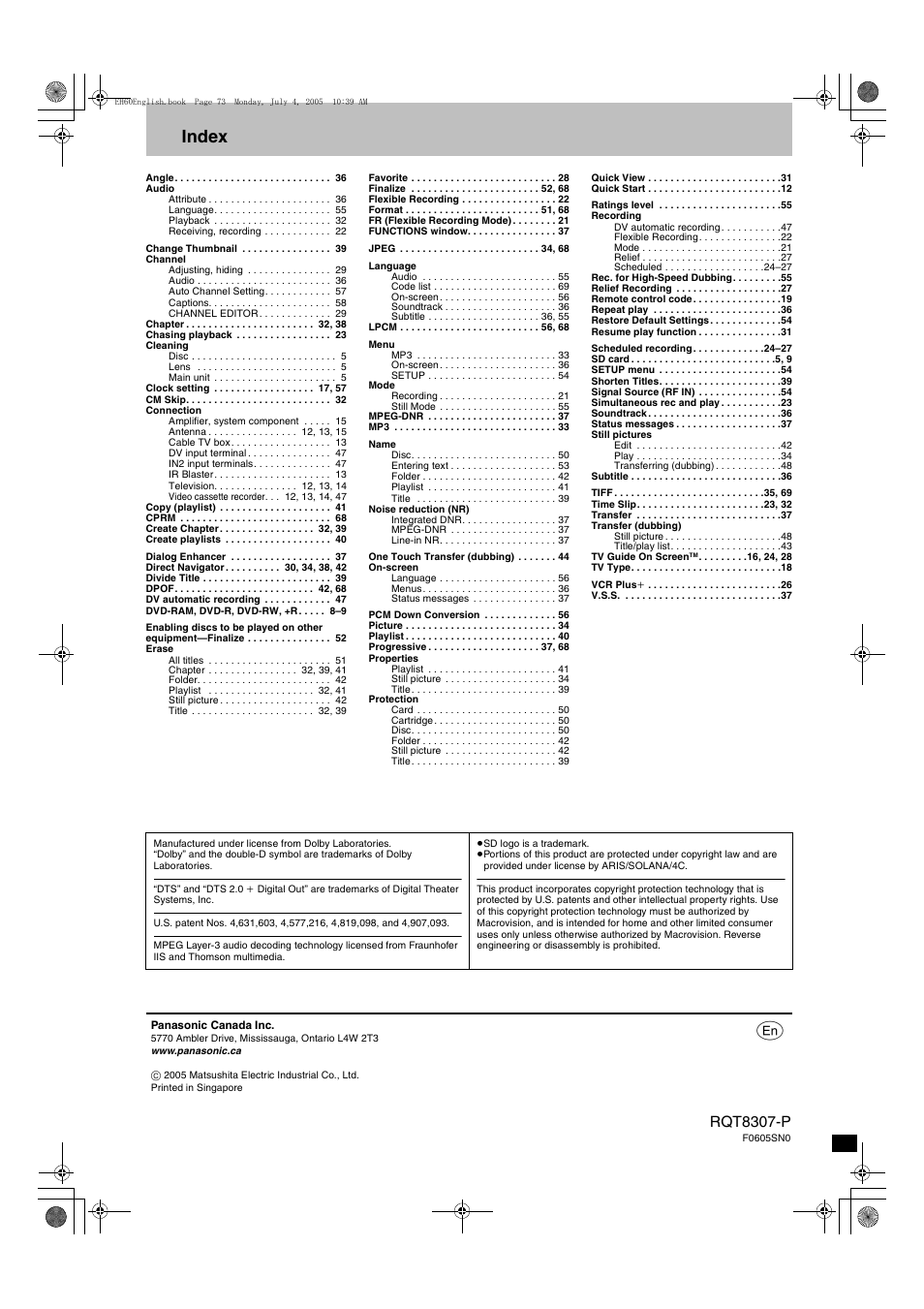 Index, Rqt8307-p | Panasonic DMR-EH60  EN User Manual | Page 72 / 72